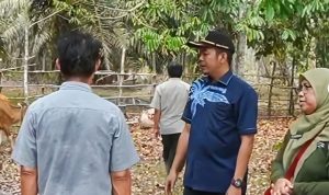 Anggota DPRD Kabupaten Kotawaringin Barat (Kobar) Reqsi Setiawan saat melaksanakan penyerahan bantuan 10 ekor sapi melalui program Pokok Pikiran (Pokir) di Desa Lalang.(SPN)