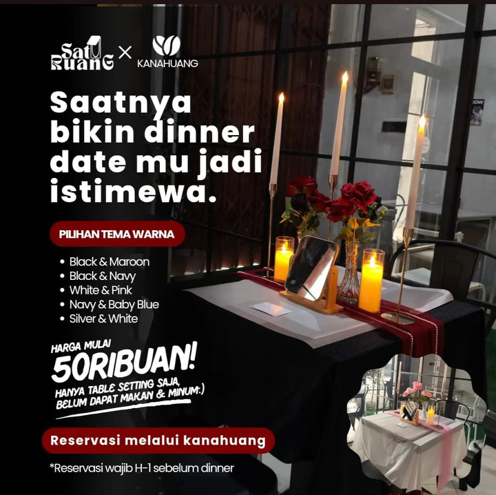 Kanahuang Food & Beverages di Jalan Pembangunan (Kereng Pangi), Hampalit, Katingan, hadir dengan konsep industrial minimalis serta menyediakan paket Dinner Date dengan dekorasi meja yang romantis dan estetik.